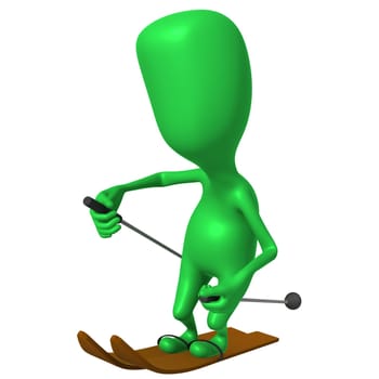 Side view green puppet maneuvering skis on gliding