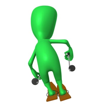 Behind view green puppet maneuvering skis on gliding