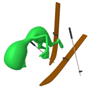 Front view green puppet craching on ski gliding