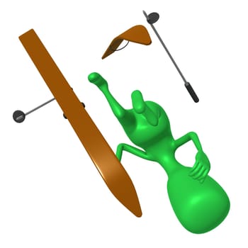 Under view green puppet craching on ski gliding
