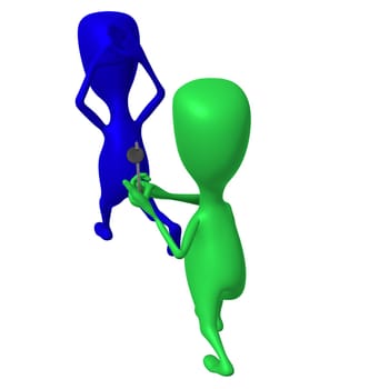 Behind view puppet chase anoyher with ski stick