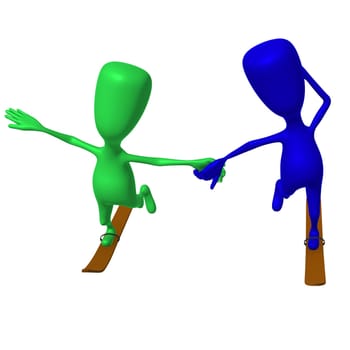 Front view puppets glide on one ski both