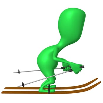 Side view green puppet glide through snowy mountine