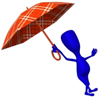 Angle view puppet step over puddle under umbrella