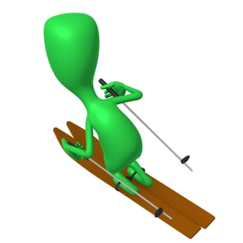 Over view green puppet maneuvering skis on gliding