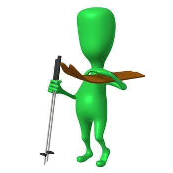Side view green puppet with skis on shoulder
