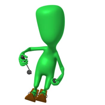 Front view green puppet maneuvering skis on gliding