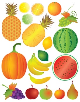 Fruits Pineapple Orange Lime Apple Banana Pumpkin Pear Peach Plum Grapes Illustration Isolated on White Background