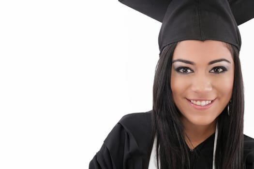 Educational theme: graduating student girl in an academic gown. Isolated over white background.