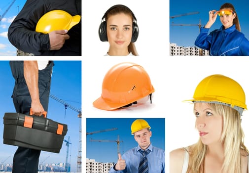workers with equipment on building background sets
