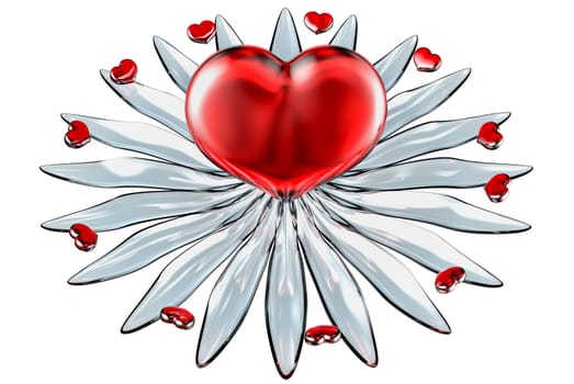Set of hearts in leaves with water drops as symbol of love