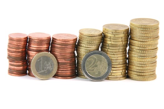 one two eurocoins and piles of euro coins isolated on white background money and finance concepts