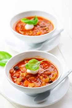 Homemade delicious minestrone soup with mozzarella and basil