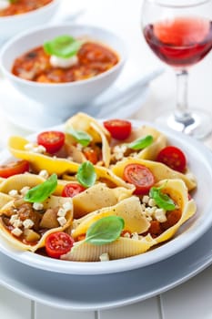Pasta with vegetable stew with red wine and minestrone soup in back