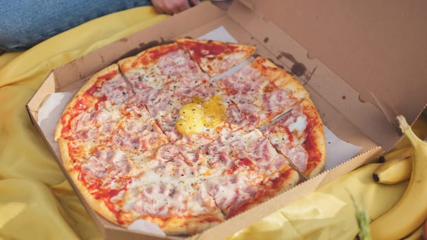 Young people sorting out pizza at a picnic in the summer