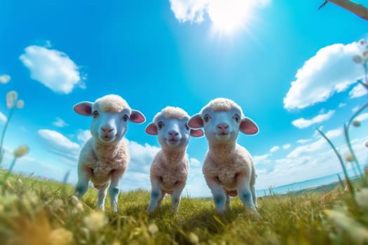 sky green wool spring yellow pasture farm sheep farming springtime outdoor field meadow animal grass sun lamb baby sunlight beautiful. Generative AI.