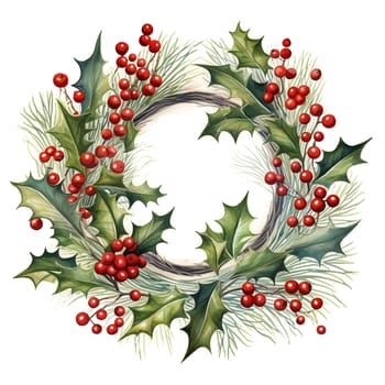 Watercolor Christmas wreaths. Holiday wreaths Clipart, Cozy Winter Clipart. AI Generated.