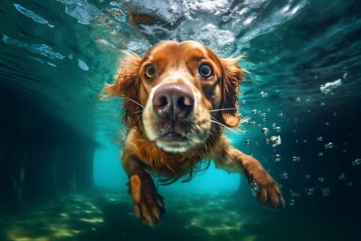 dog pool happy snorkeling fun funny swimming game pet swimming popular holiday water swim adorable underwater outdoor pool active vacation puppy. Generative AI.