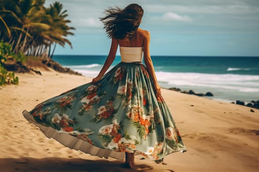 happy woman person fashion happiness vacation nature beautiful summer dress model travel attractive lifestyle hippie blue sea beach pretty outdoor gypsy. Generative AI.