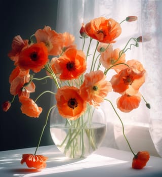 home red soft beautiful nature house sunshine color decoration vase plant bouquet design gift natural flower floral interior background poppy light. Generative AI.