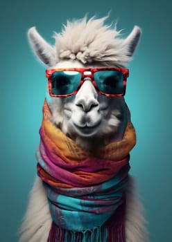 Cute stylish alpaca portrait of llama wearing glasses on blue background wearing glasses and scarf, fashion