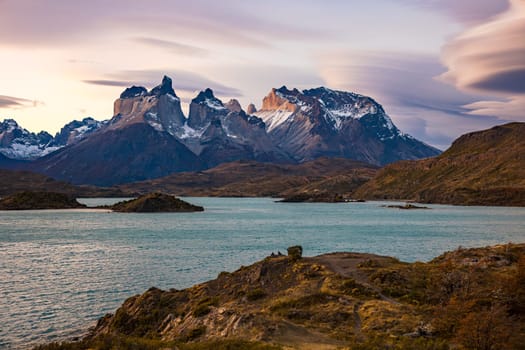 Los Cuernos del Paine at Lake Pehoe are the landmark of Torres del Paine National Park, Chile, Patagonia, South America