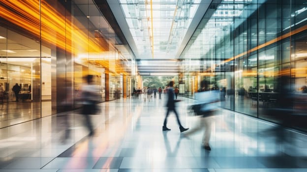 Business people rushing in office lobby with motion blur