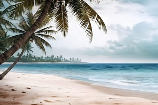 tropical beach view with white sand, turquoise water and palm tree at stormy day. Neural network generated photorealistic image. Not based on any actual scene or pattern.