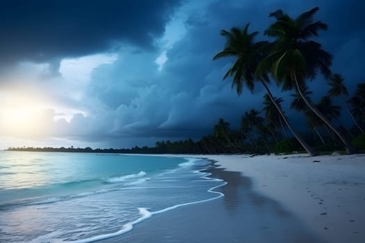 tropical beach view with white sand and palm trees at stormy evening. Neural network generated image. Not based on any actual scene or pattern.