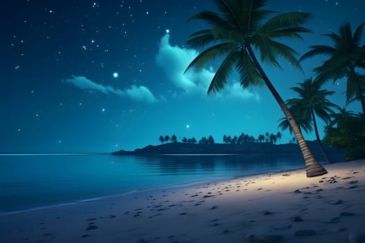 tropical beach view with white sand, turquoise water and palm tree at night. Neural network generated photorealistic image. Not based on any actual scene or pattern.