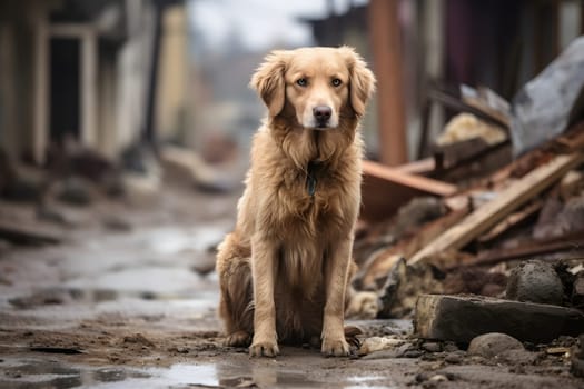 Alone wet dirty Golden Retriever after disaster on the background of house rubble. Neural network generated image. Not based on any actual scene.