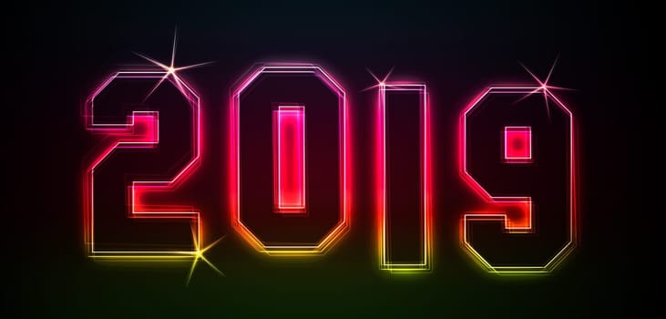 2019 as an illustration in neon light style