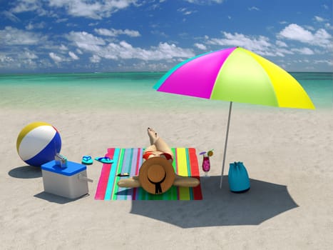 Woman sunbathing on the beach under a beach umbrella