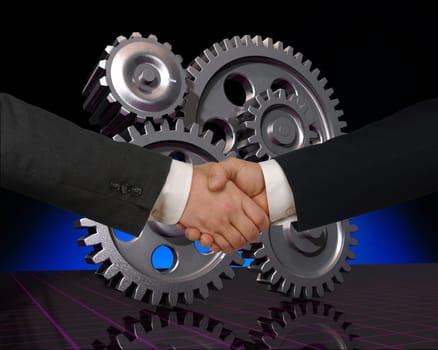 Business handwhake with gears in the background