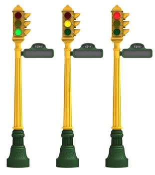 Three retro traffic lights featuring green, amber and red lights on a white background with clipping paths