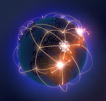 Light arches flying out of the earth and populating until the whole earth is networked and brightly and becomes lit.