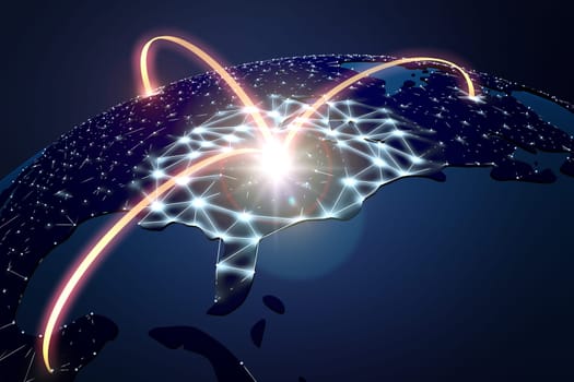 Light arches flying out of the earth and populating until the whole earth is networked and brightly and becomes lit.