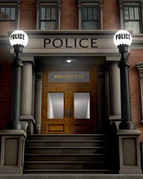 Facade of a police station rendered in a retro/traditional style