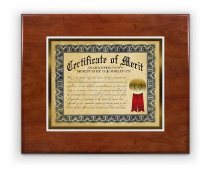 Award certificate laminated on wood hanging on a white wall, isolated with a clipping path