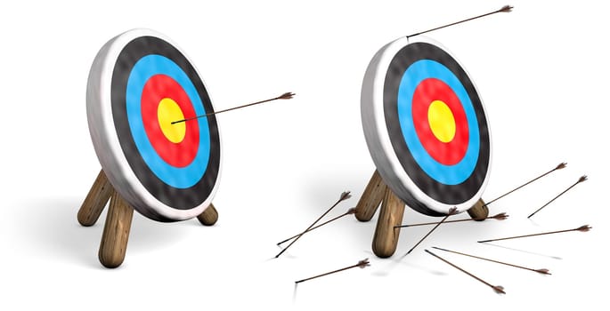 Two archery targets on white  one with bulls eyes and another with all arrows missing the target