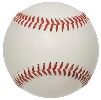 Close up of a baseball with red stitching on a white background.