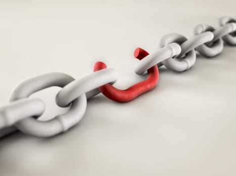 A chain with a broken link highlighted red to highlight the weak link.