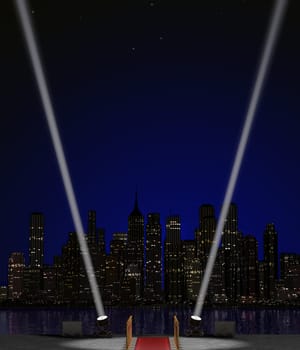 Background image for an entertainment event poster featuring searchlights against a skyline and night sky
