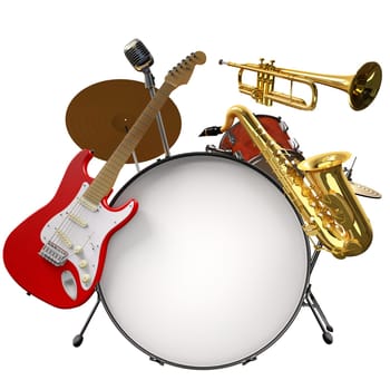 Jazz montage consisting of a drum kit, electic guitare, microphone, saxophone and trumpet on a white background