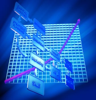 3d business flow chart with an ascending graph arrow at the back
