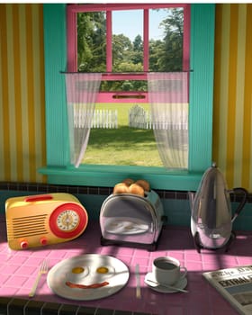 Illustration of a breakfast sitting on the table in a kitchen and the view out the window.