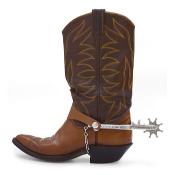 Side view of a brown cowboy boot and silver spur on a white background.