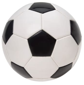 Close up of a soccer ball on a white background.