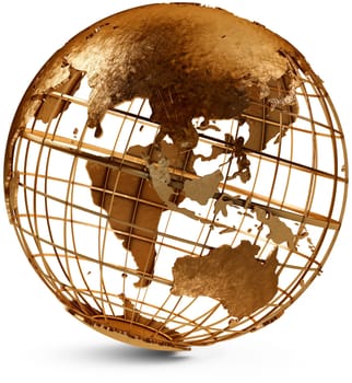 Brass globe displaying Australia and Asia on a white background.