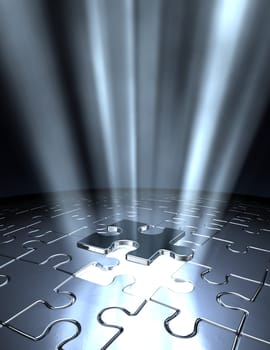 Digital image of a piece falling into the lighted slot of a puzzle.